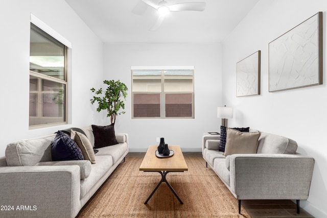 living room with ceiling fan