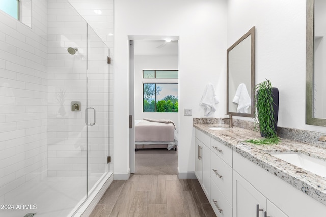 bathroom featuring vanity and a shower with door