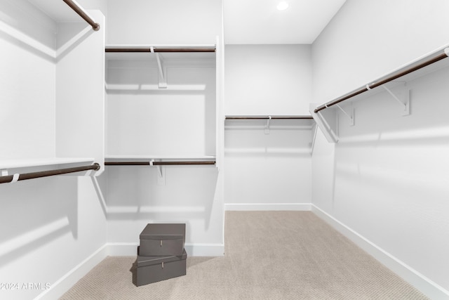 walk in closet with light carpet