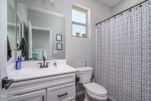 bathroom with toilet, vanity, and a shower with shower curtain