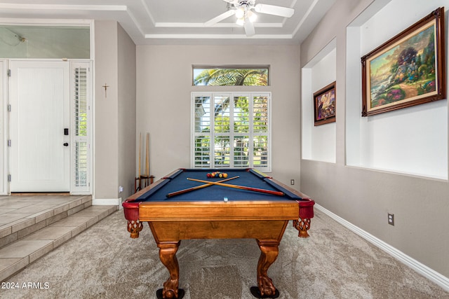 game room featuring carpet, pool table, ceiling fan, and a tray ceiling