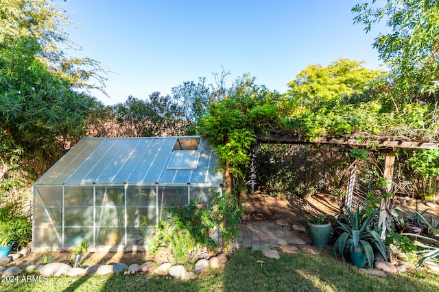 exterior space with an outbuilding