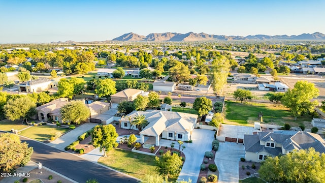 drone / aerial view featuring a mountain view