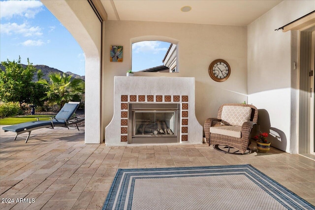 view of patio / terrace with a mountain view