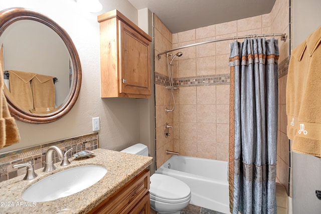 full bathroom featuring vanity, toilet, backsplash, and shower / bathtub combination with curtain