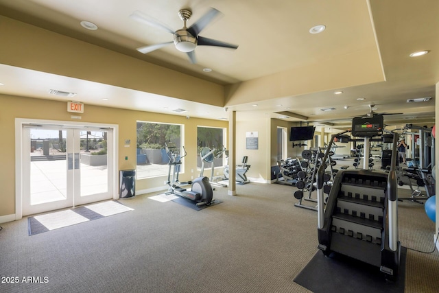 gym featuring french doors, a ceiling fan, baseboards, carpet flooring, and recessed lighting