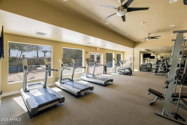exercise room featuring a ceiling fan, visible vents, recessed lighting, and carpet
