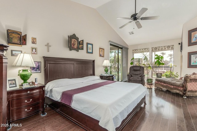 bedroom with access to outside, dark wood-style flooring, multiple windows, and visible vents