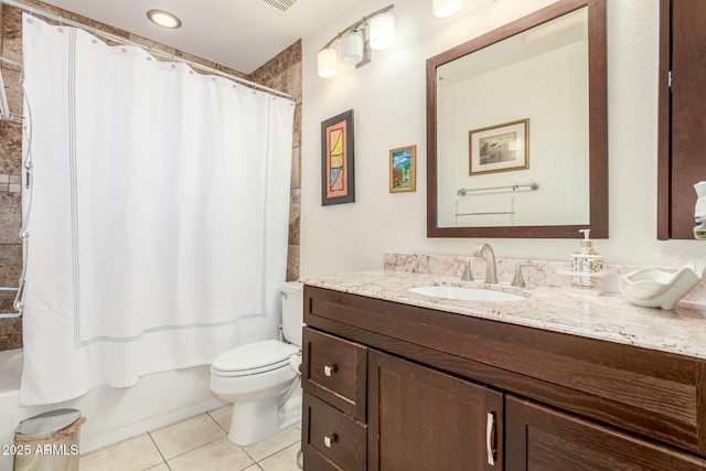 bathroom with tile patterned flooring, shower / bathtub combination with curtain, vanity, and toilet