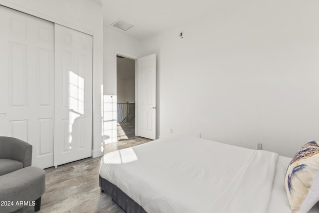 bedroom featuring wood-type flooring and a closet