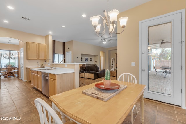 dining room featuring a wealth of natural light, visible vents, recessed lighting, and ceiling fan with notable chandelier