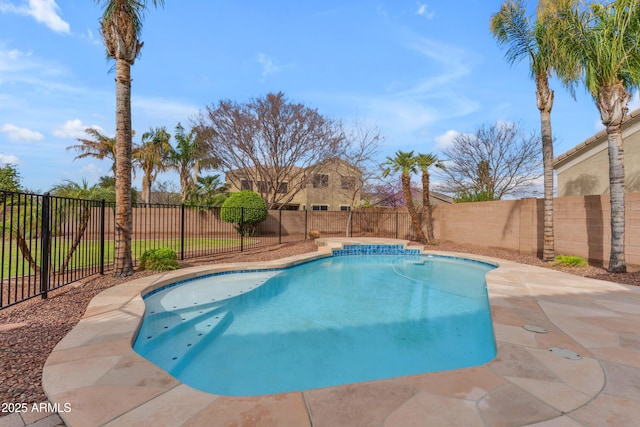 view of pool featuring a fenced in pool, a fenced backyard, and a patio area