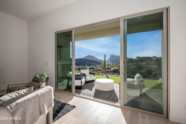 entryway with a mountain view and light hardwood / wood-style flooring