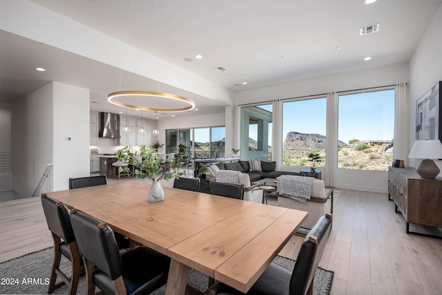 dining room with a mountain view and light hardwood / wood-style floors