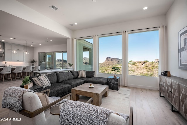 living room featuring a mountain view and light wood-type flooring