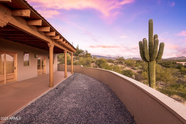 yard at dusk featuring a patio