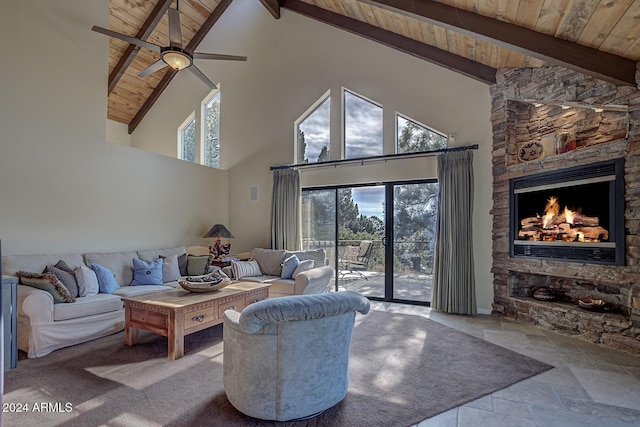 living room featuring beam ceiling, wooden ceiling, a fireplace, and high vaulted ceiling