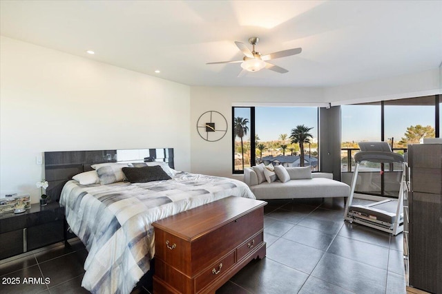 bedroom featuring a ceiling fan, access to exterior, dark tile patterned flooring, and recessed lighting