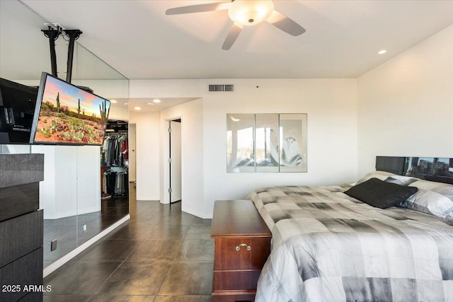 bedroom with recessed lighting, visible vents, and a ceiling fan