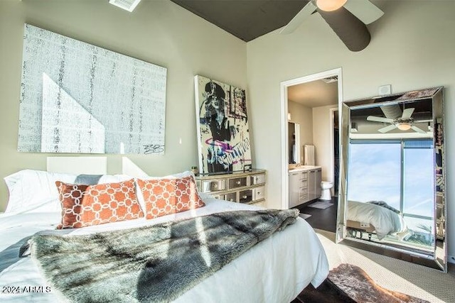 bedroom featuring connected bathroom and ceiling fan