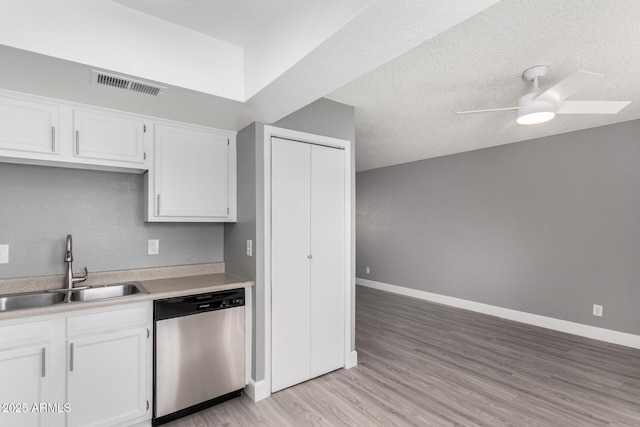 kitchen featuring ceiling fan, stainless steel dishwasher, white cabinets, and sink