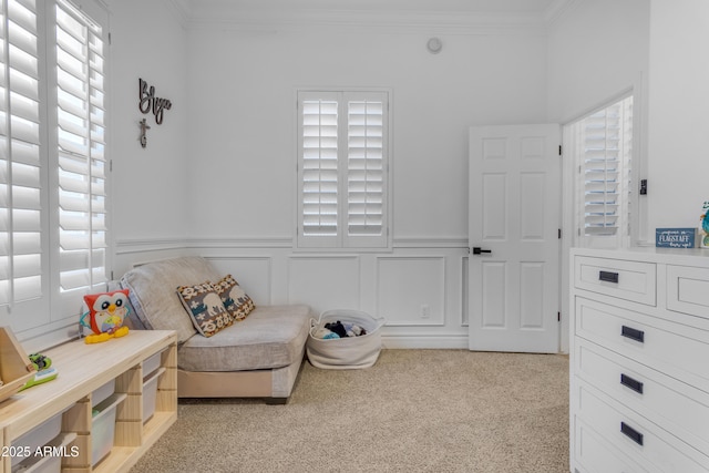 sitting room with crown molding, carpet floors, and wainscoting