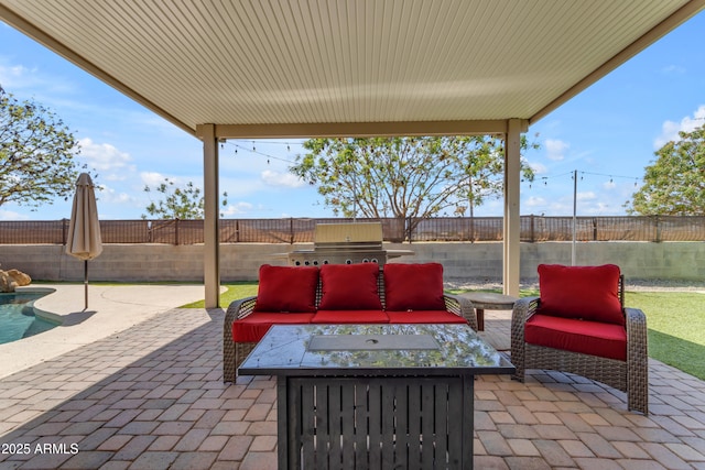 view of patio / terrace featuring a fenced backyard and an outdoor hangout area