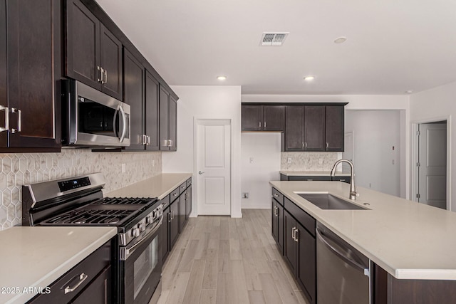 kitchen with sink, appliances with stainless steel finishes, light hardwood / wood-style floors, an island with sink, and decorative backsplash