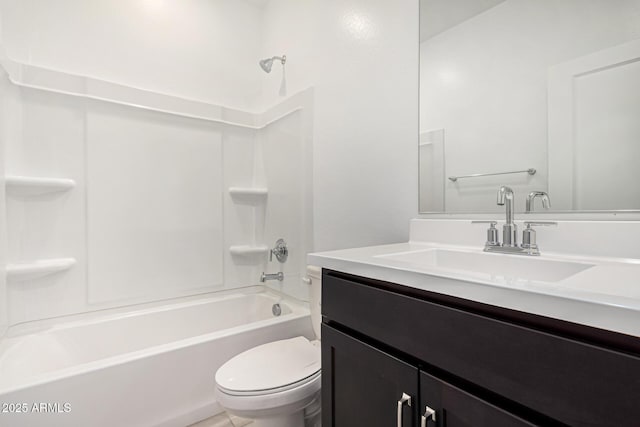 full bathroom with bathing tub / shower combination, vanity, and toilet