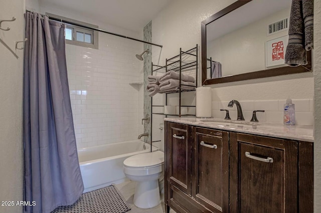 2974 N Vista Way, Payson, AZ 85541 - bathroom with toilet, shower / tub combo with curtain, vanity, a textured wall, and tile patterned flooring