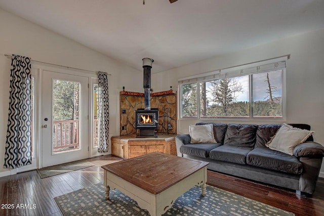 2974 N Vista Way, Payson, AZ 85541 - living area with plenty of natural light, a wood stove, hardwood / wood-style flooring, and lofted ceiling