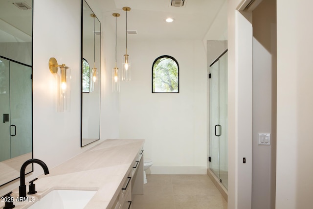 full bathroom with visible vents, toilet, a stall shower, recessed lighting, and vanity