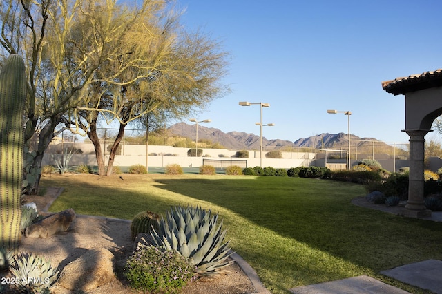 view of yard with a mountain view and a fenced backyard