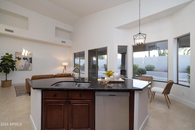 kitchen featuring sink, dishwasher, hanging light fixtures, and plenty of natural light