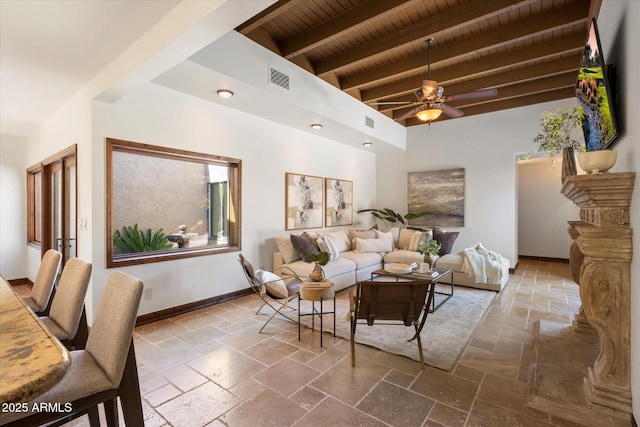 living area with visible vents, stone tile floors, wooden ceiling, baseboards, and ceiling fan