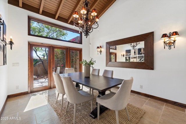 dining space with beam ceiling, baseboards, wood ceiling, and stone tile floors