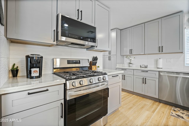 kitchen with tasteful backsplash, stainless steel appliances, and light hardwood / wood-style floors