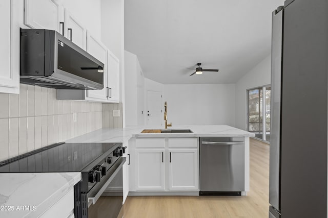 1881 E Kerby Farms Rd, Chandler, AZ 85249 - kitchen with appliances with stainless steel finishes, a peninsula, light wood-style flooring, and white cabinets