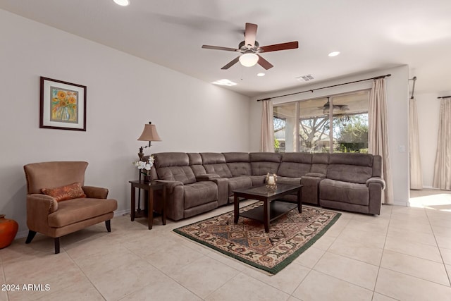 living area featuring light tile patterned floors, recessed lighting, visible vents, ceiling fan, and baseboards