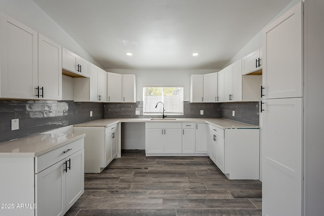 kitchen featuring white cabinets, decorative backsplash, dark hardwood / wood-style flooring, and sink