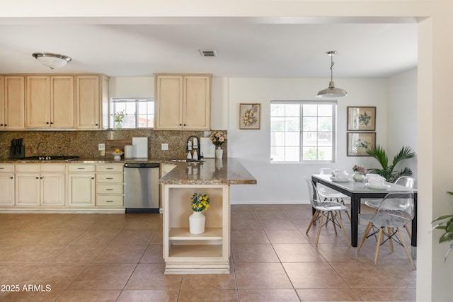 1330 E Monte Vista Rd, Phoenix, AZ 85006 - kitchen with stainless steel dishwasher, a sink, decorative backsplash, open shelves, and a peninsula