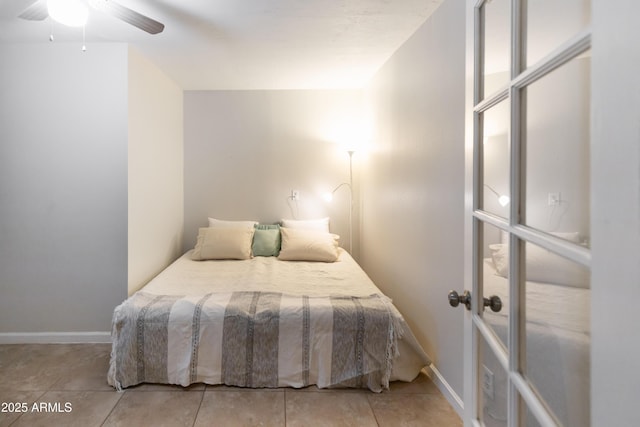 1330 E Monte Vista Rd, Phoenix, AZ 85006 - bedroom featuring french doors, light tile patterned flooring, baseboards, and a ceiling fan