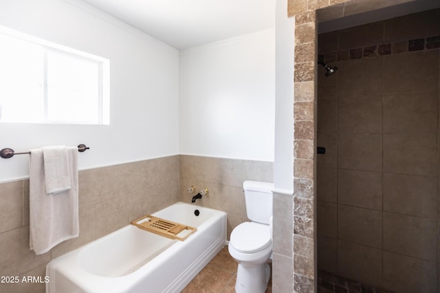 1330 E Monte Vista Rd, Phoenix, AZ 85006 - full bathroom with toilet, tile walls, a tile shower, a garden tub, and a wainscoted wall