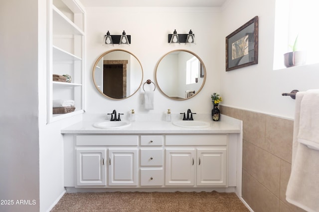 1330 E Monte Vista Rd, Phoenix, AZ 85006 - full bathroom featuring double vanity, tile walls, and wainscoting
