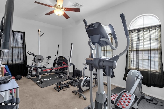 exercise room featuring ceiling fan and carpet flooring