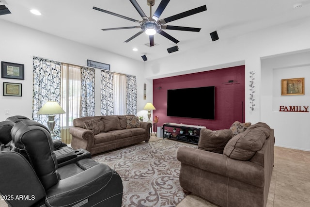 living room with ceiling fan