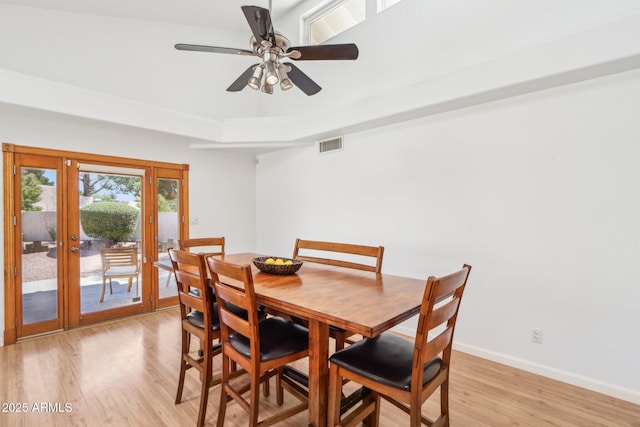 7734 E Rose Ln, Scottsdale, AZ 85250 - dining area with light wood-style flooring, baseboards, visible vents, ceiling fan, and a raised ceiling
