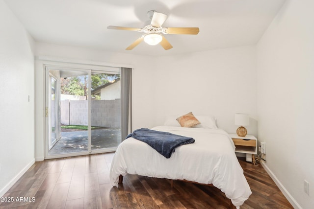 7734 E Rose Ln, Scottsdale, AZ 85250 - bedroom with baseboards, a ceiling fan, wood finished floors, and access to exterior