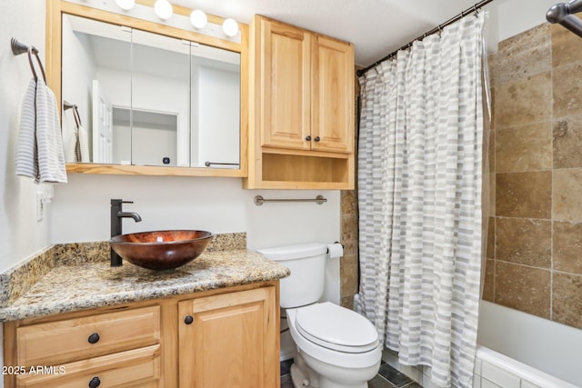 7734 E Rose Ln, Scottsdale, AZ 85250 - full bathroom featuring vanity, shower / bathtub combination with curtain, and toilet