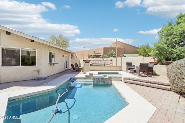 7734 E Rose Ln, Scottsdale, AZ 85250 - view of pool with a patio area, a fenced in pool, a fenced backyard, and an in ground hot tub